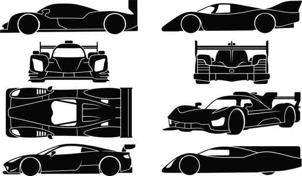 Vector silhouette set of endurance racing cars and sports prototypes in multiple angles and perspectives
