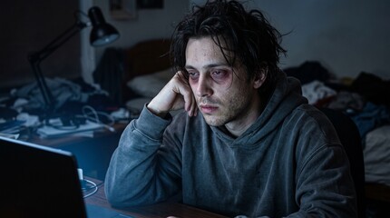 Obraz premium Young man with tired, red eyes stares at laptop in dark room, illustrating digital strain, severe sleep deprivation, and mental health struggles from excessive screen use