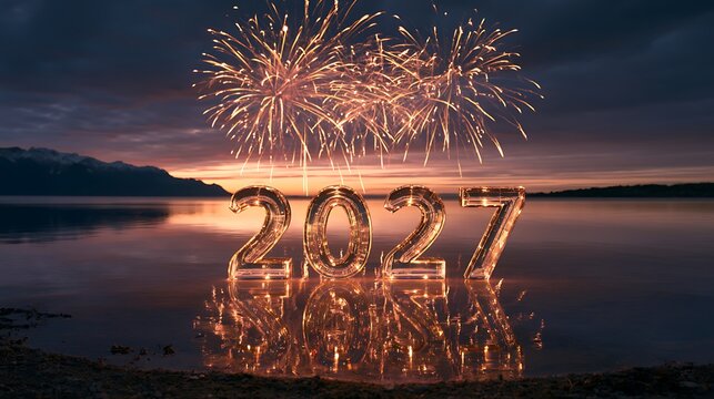 Glowing 2027 numbers in water with fireworks at sunset.