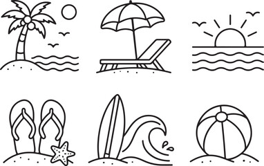 Fototapeta premium Set of summer beach vacation featuring palm tree, lounge chair, sunset, flip flops, surfboard, and beach ball in thin line style