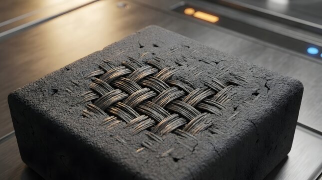 A detailed view of a dark gray, textured Ceramic Matrix Composite material with a woven pattern on its surface.