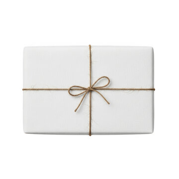 Small white gift box wrapped with brown twine string