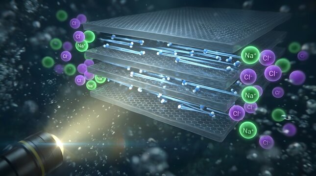 A beam of light illuminates a graphene oxide membrane filtering nanoparticles in a dark environment.