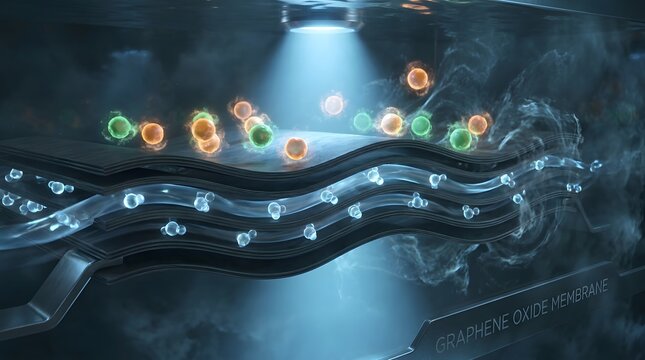 A microscopic view of nanoparticles being filtered by a graphene oxide membrane