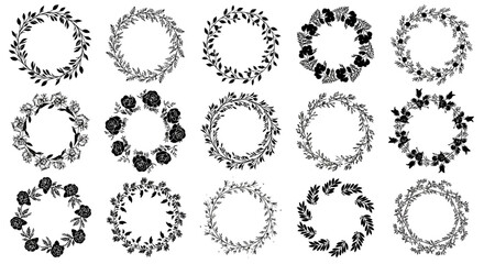 Collection of black floral wreaths on white background © Prema