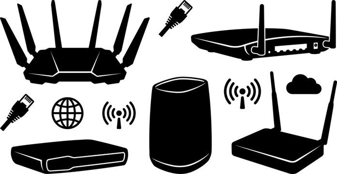 Wireless Wi-Fi Router and Network Equipment Silhouette Icon Set Featuring Modems, Ethernet Cables, Signal Symbols, and Smart Home Device Vectors for Technology Layouts