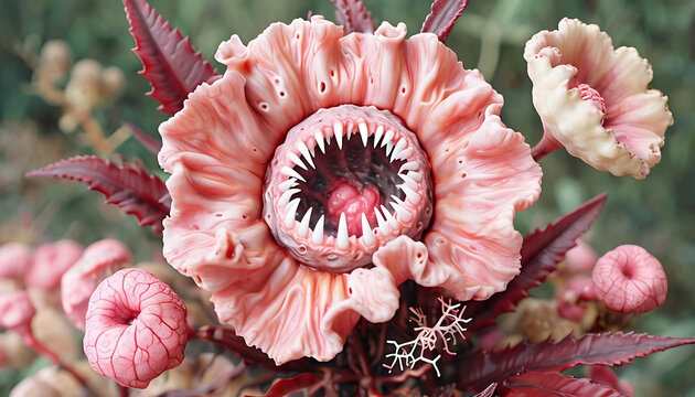 immagine surreale di una pianta carnivora fantastica con un bocca irta di denti aguzzi, surreal image of a fantastical carnivorous plant with a mouth bristling with sharp teeth