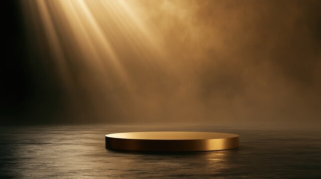 A golden podium glows under dramatic shafts of light and atmospheric haze