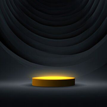 A golden illuminated platform stands against a dark, layered, undulating backdrop