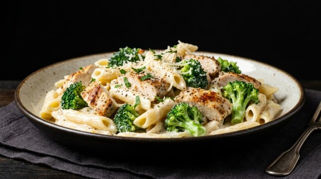 Delicious creamy pasta with grilled chicken and broccoli, a comforting and flavorful meal.