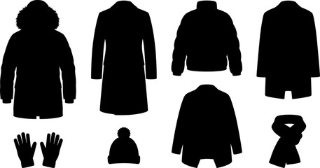 Winter Outerwear and Clothes Silhouette Vector Set Featuring Warm Coats Jackets Parka Gloves Scarf and Beanie Hat Icons for Seasonal Fashion Designs © Mdsumon