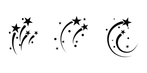 A horizontal array of various black four pointed shapes and shining star icons on white. A set of silhouettes displays shooting stars in various forms, offering simple yet dynamic designs. © MOUSUMI