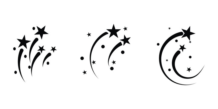 A horizontal array of various black four pointed shapes and shining star icons on white. A set of silhouettes displays shooting stars in various forms, offering simple yet dynamic designs.