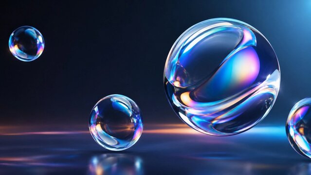 Collection of floating holographic abstract glass orbs with liquid chrome reflections, futuristic background, minimal design, vibrant diffraction colors, commercial concept, copy space