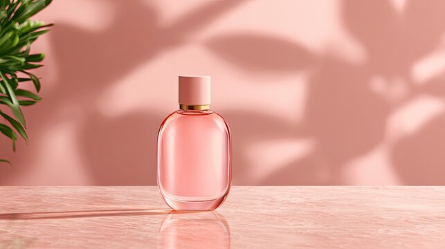 A pink glass perfume bottle with a gold band sits on a pink marble surface