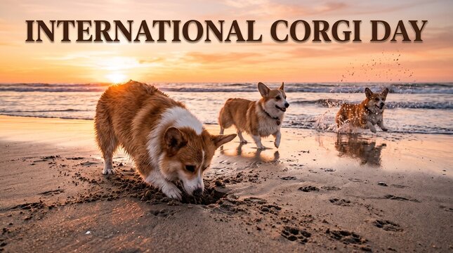 Corgi dogs playing on tropical beach at sunset for International corgi day. Cute puppies running and digging in sand by ocean waves. Festive greeting card for pet lovers holiday