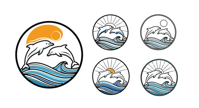 Collection of five circular logos depicting two graceful dolphins leaping over ocean waves, some with a sun, showcasing versatile marine designs.