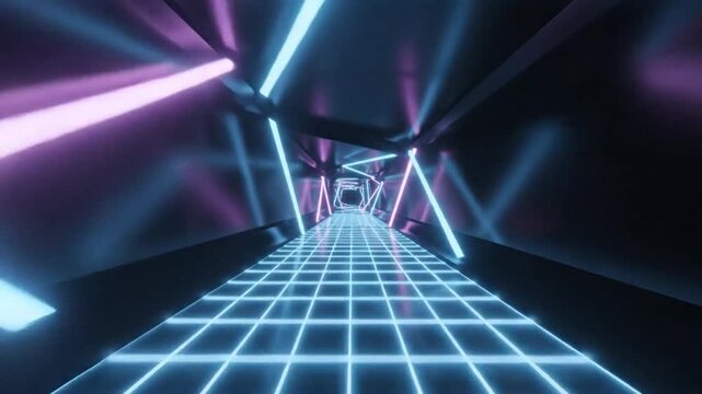 Futuristic neon tunnel with glowing pink and blue geometric lines and a grid floor receding into the distance creating a sense of depth and motion