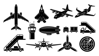 Aircraft and Airport Equipment Icons Including Planes, Airplanes, Jet, Blimp, Control Tower, and Luggage Carts © MDTAREK
