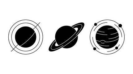 Black planet icons with rings orbiting. © Mr