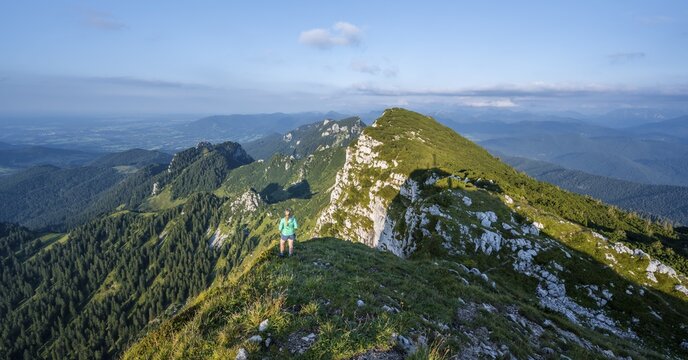 Hiker, Hike to the Benediktenwand, Mountains and landscape, Bavarian pre-Alpine landscape, Benediktbeuern, Bavaria, Germany