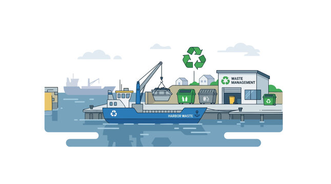 Industrial waste management in harbor with crane and recycling symbol