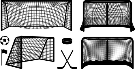 Soccer and Ice Hockey Goal Net Silhouette Icon Set Featuring Football Gates Nets Hockey Sticks Puck and Corner Flag Symbols for Sports Layouts © Mdsumon