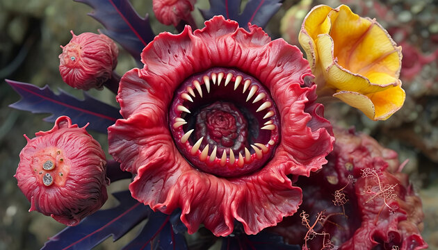 immagine surreale di una pianta carnivora fantastica con un bocca irta di denti aguzzi, surreal image of a fantastical carnivorous plant with a mouth bristling with sharp teeth