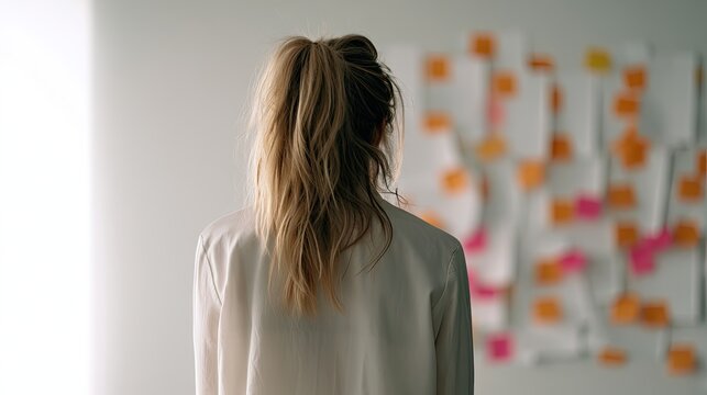 Back view of a person with blonde ponytail facing a wall covered with colorful sticky notes
