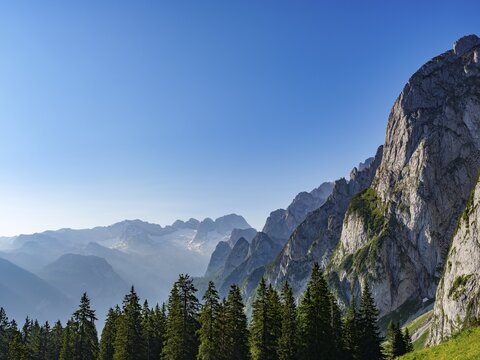 Dachstein massif with Gosau glacier, Gosau ridge on the right in the morning light, Salzkammergut, Upper Austria, Austria