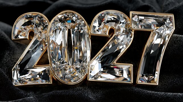 Diamond encrusted 2027 gold numbers on black velvet fabric