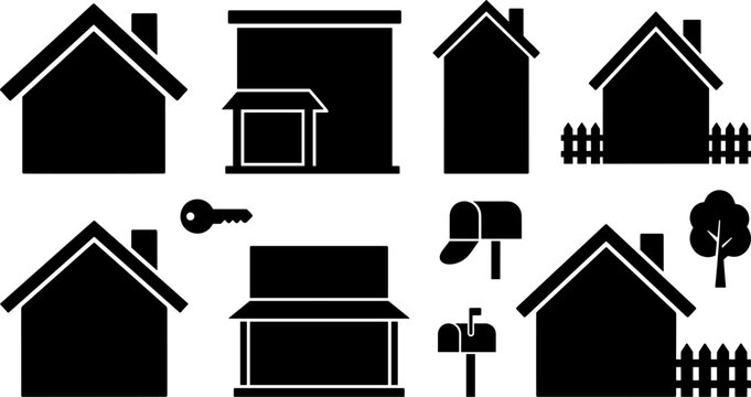 Real Estate and Residential House Property Silhouette Icon Set Featuring Modern Home Suburbs Fences Mailboxes Keys and Trees for Building Layouts