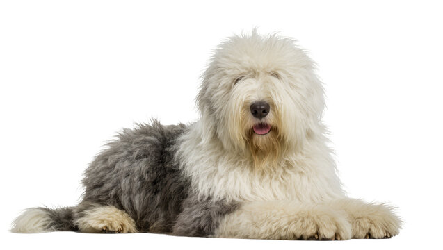 Old English Sheepdog lying down with tongue out