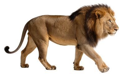 Male lion with full mane walking profile view © Otillie