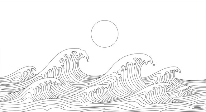 Dynamic black and white line art pattern of stylized ocean waves in a traditional Japanese Ukiyo-e style, with a simple circle representing the sun or moon.