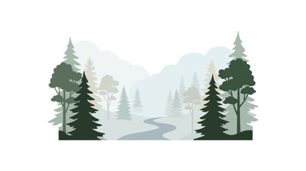 Fototapeta premium Misty Forest Landscape with Winding River and Evergreen Trees