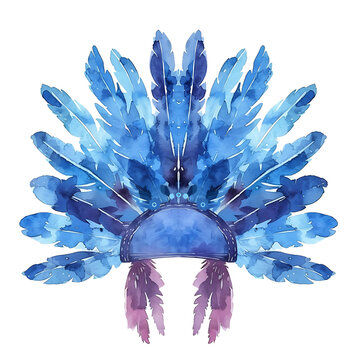 Blue Native American Feathers Warbonnet - tribal headdress hand drawn cute Watercolor Vector Illustration clipart