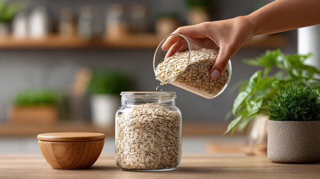 Human hand carefully pouring organic rolled oats from a wooden container into a glass jar, demonstrating a mindful approach to bulk dry food storage and efficient pantry decanting