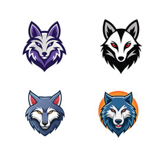 Fototapeta premium Collection of four colorful wolf head vector icons for esports branding and character design with predator wildlife aggressive character identity strength