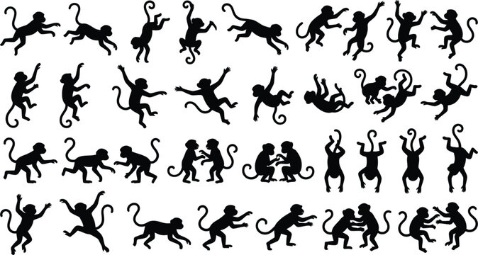 Black silhouette monkeys in various poses