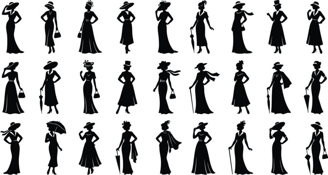 Vintage women silhouettes in long dresses walking