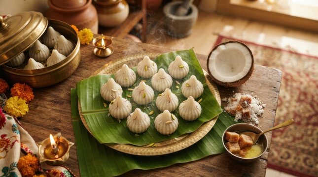 Traditional Indian modak sweets served on a banana leaf for Ganesh Chaturthi
