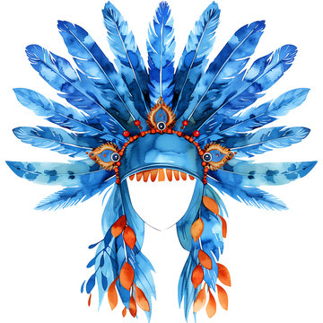 Blue Native American Feathers Warbonnet - tribal headdress hand drawn cute Watercolor Vector Illustration clipart
