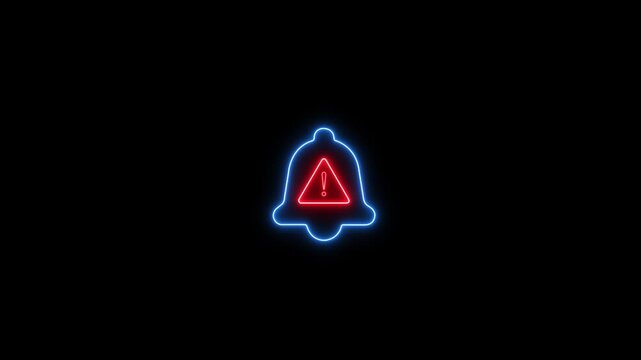 Neon notification bell with warning symbol alert animation on black background