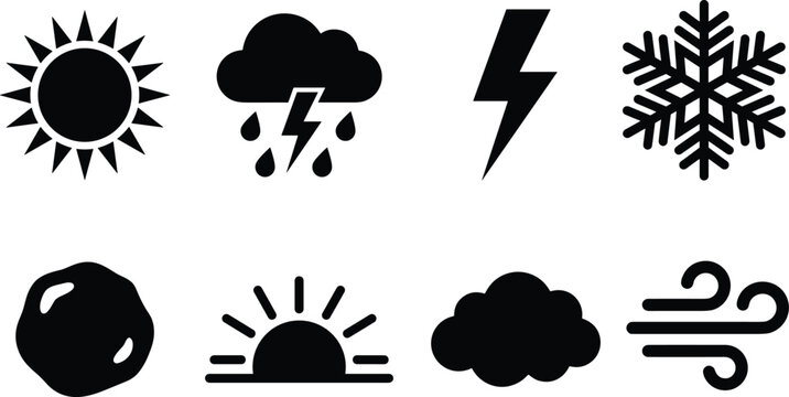 Set of Solid Black Weather and Meteorology Icons for Mobile Apps and UI Design Concepts