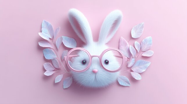 Adorable Cartoon Bunny Wearing Glasses Surrounded By Soft Pink Foliage On A Gentle Pastel Background
