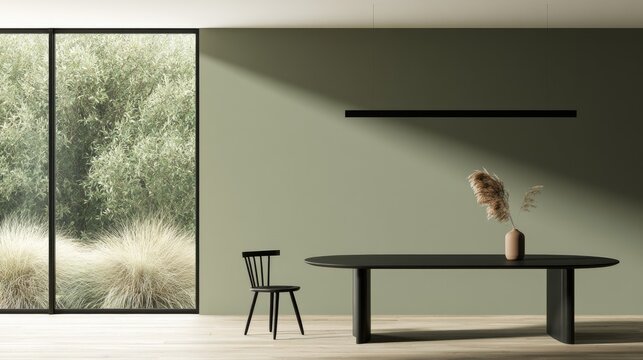 Modern dining room with large window, oval table, and single chair