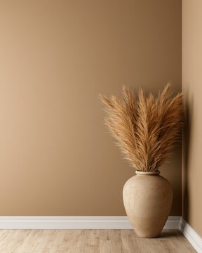Neutral corner with a large vase of dried grasses