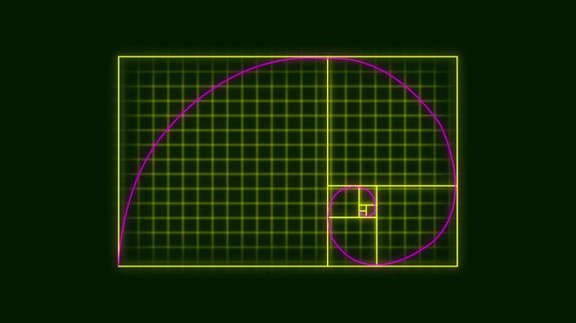 Golden ratio fibonacci spiral neon grid animation math