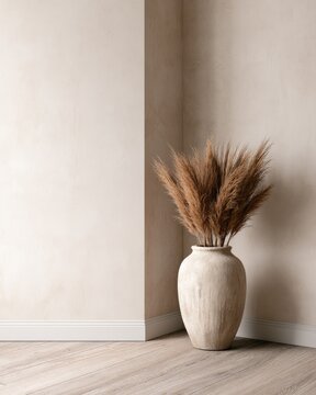 Neutral corner with textured walls, a light-toned vase, and dried grasses